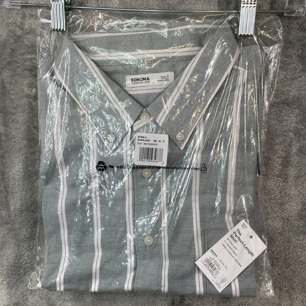 NEW SONOMA PERFECT LENGTH SHORT SLEEVE SHIRT Mens 2XLT Gray Striped Cotton Blend